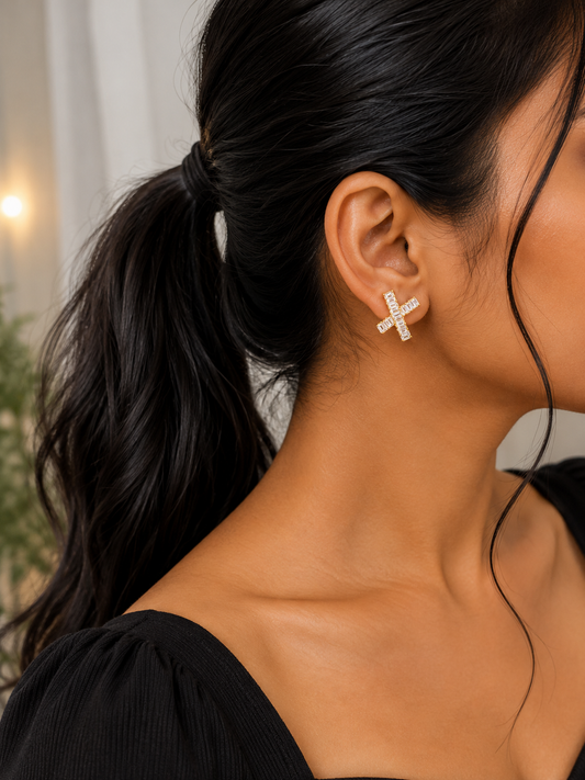 Baguette Cross Stud Earrings