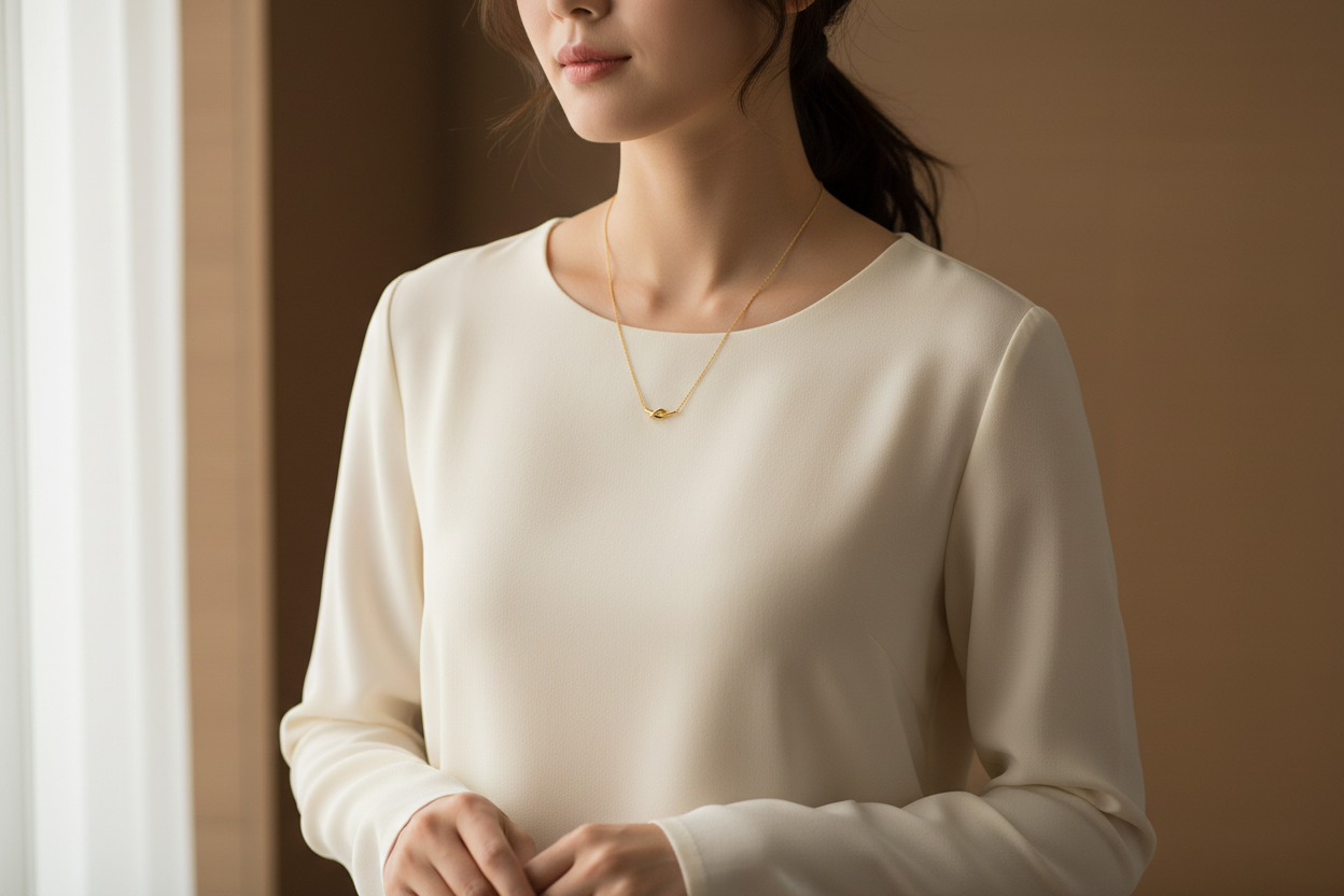 Model wearing full neckline