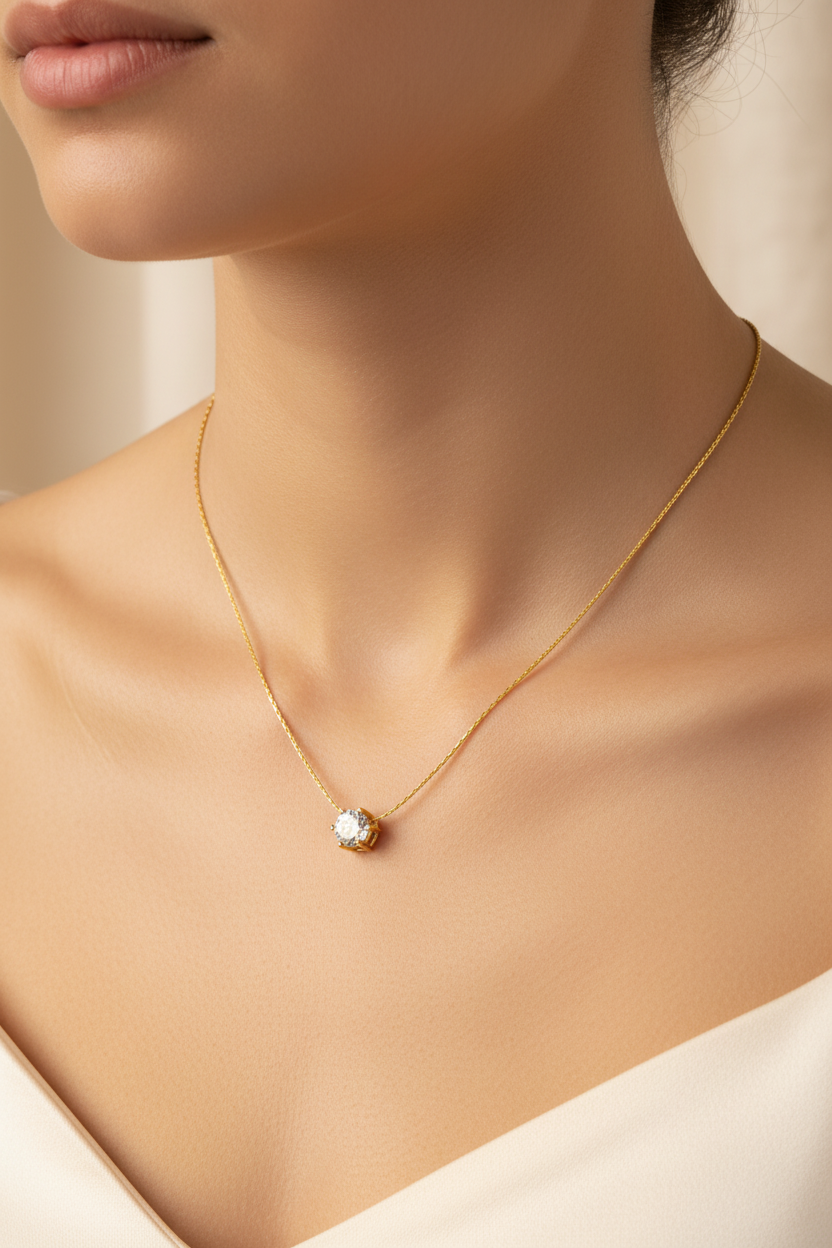 Model wearing solitaire necklace