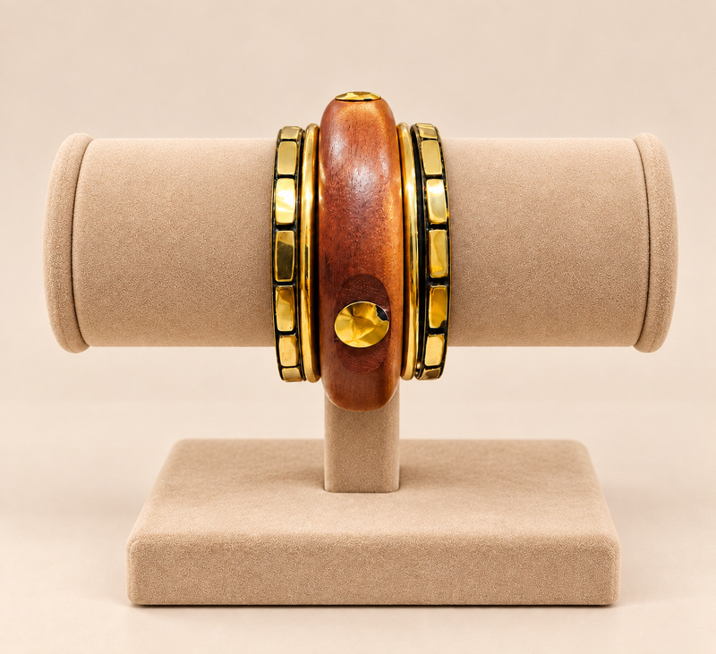 Amber Wood & Gold-Tone Statement Bangles