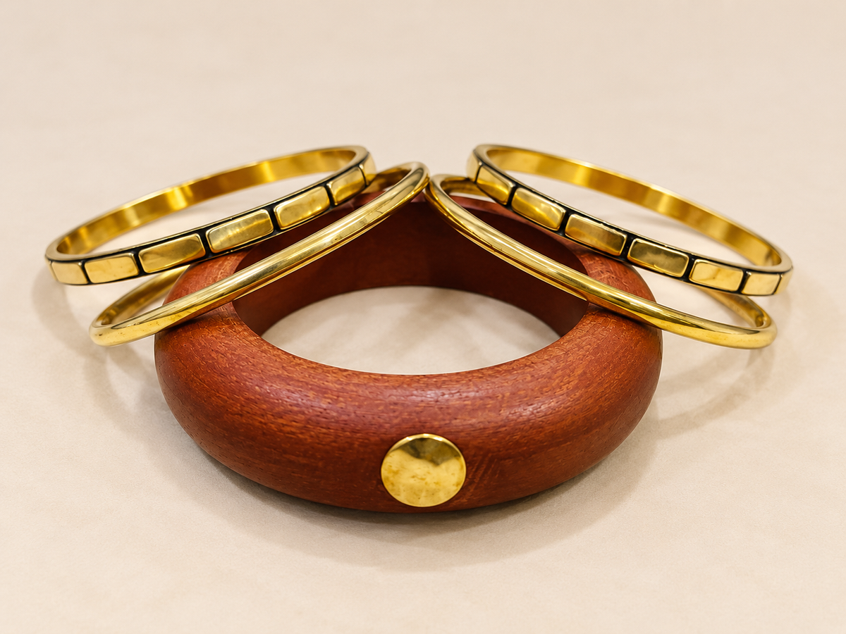 Amber Wood & Gold-Tone Statement Bangles