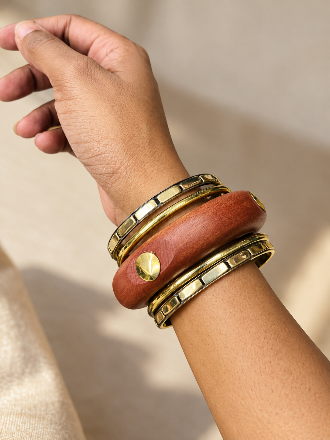 Amber Wood & Gold-Tone Statement Bangles