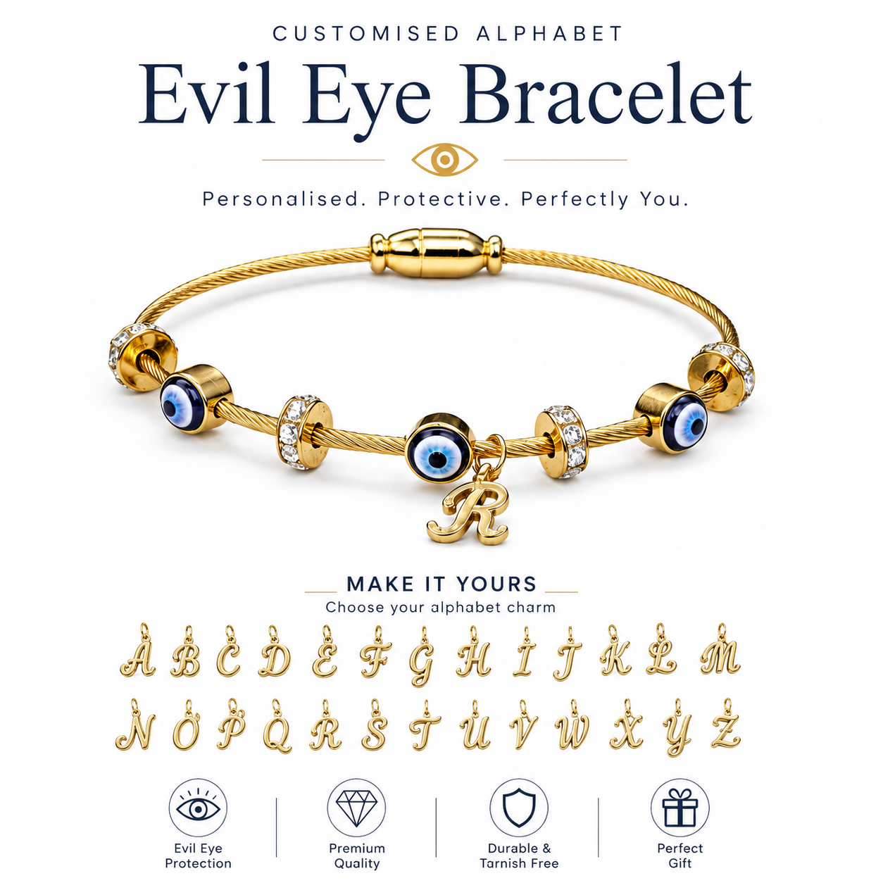 Evil Muse Evil Eye Protection Bangle with Alphabet