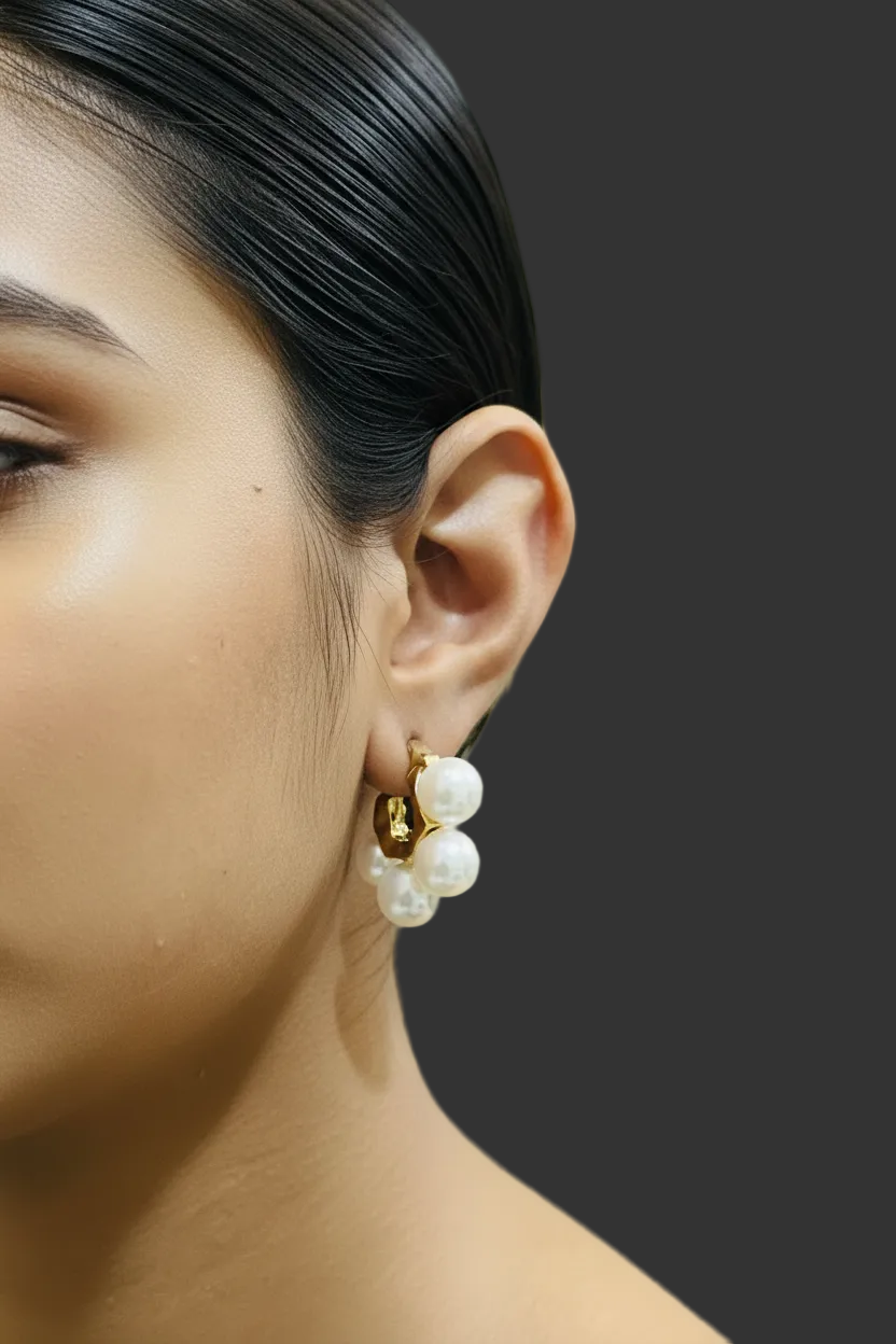 Pearl Cluster Gold Hoop Earrings