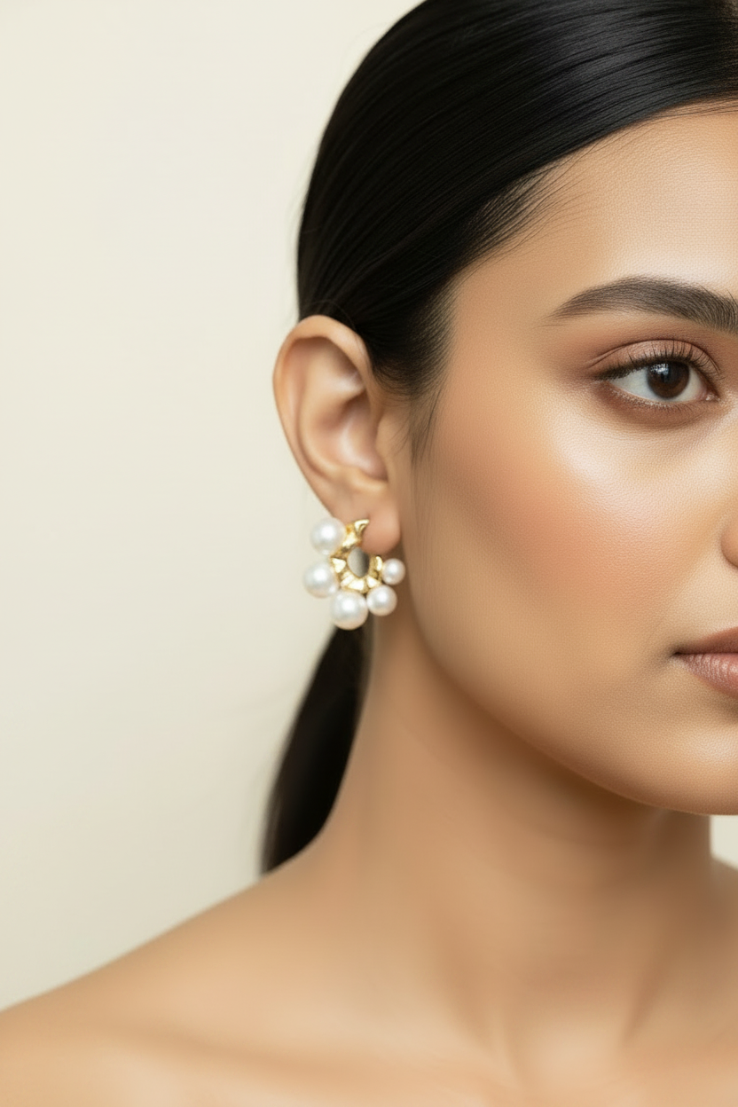 Pearl Cluster Gold Hoop Earrings