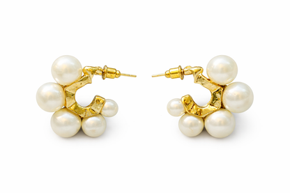 Pearl Cluster Gold Hoop Earrings