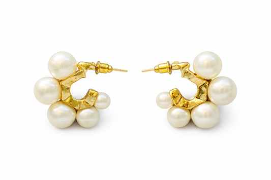 Pearl Cluster Gold Hoop Earrings