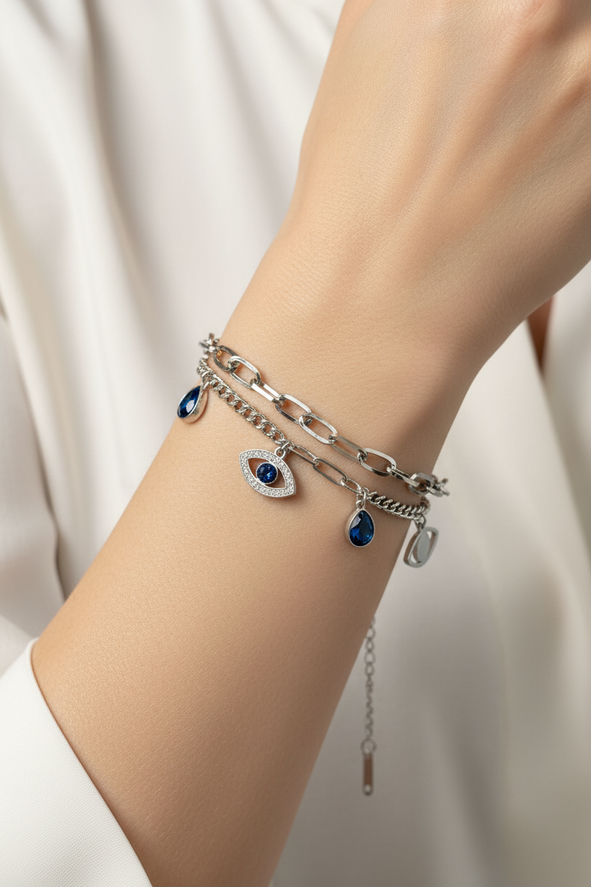 Evil Eye Charm Bracelet Stack - True to Design Model Shot