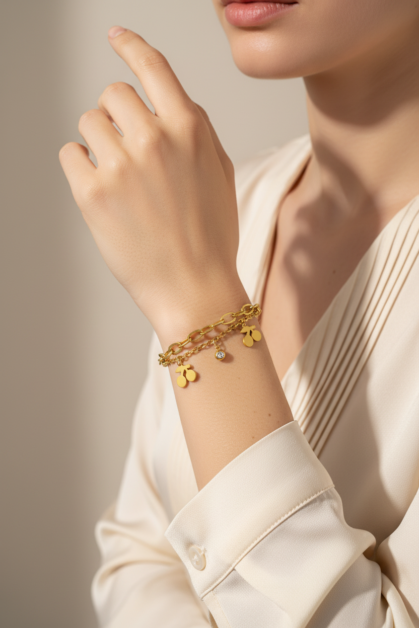 Gold Cherry Charm Bracelet - Model Shot