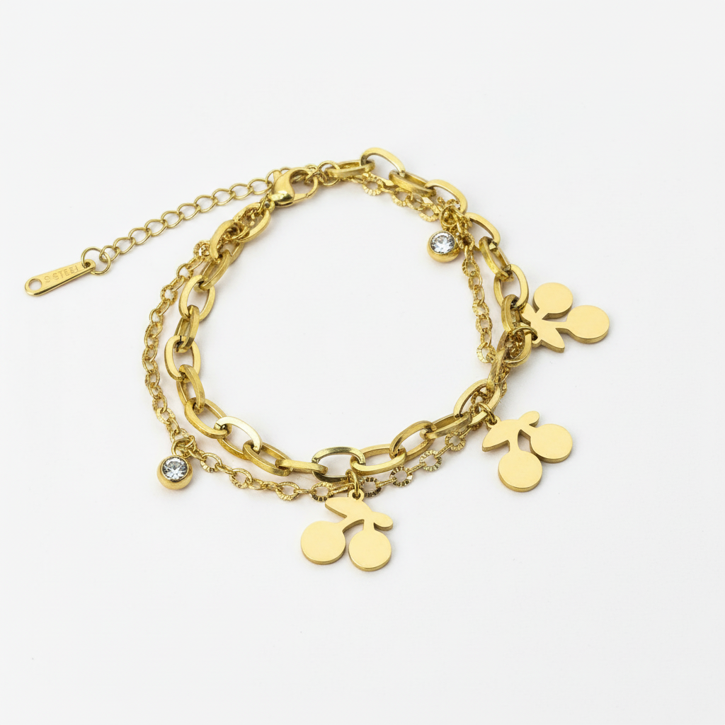 Gold Cherry Charm Bracelet - White Background Detail