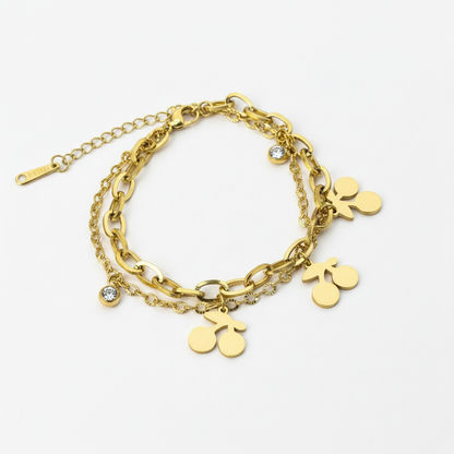 Gold Cherry Charm Bracelet - White Background Detail