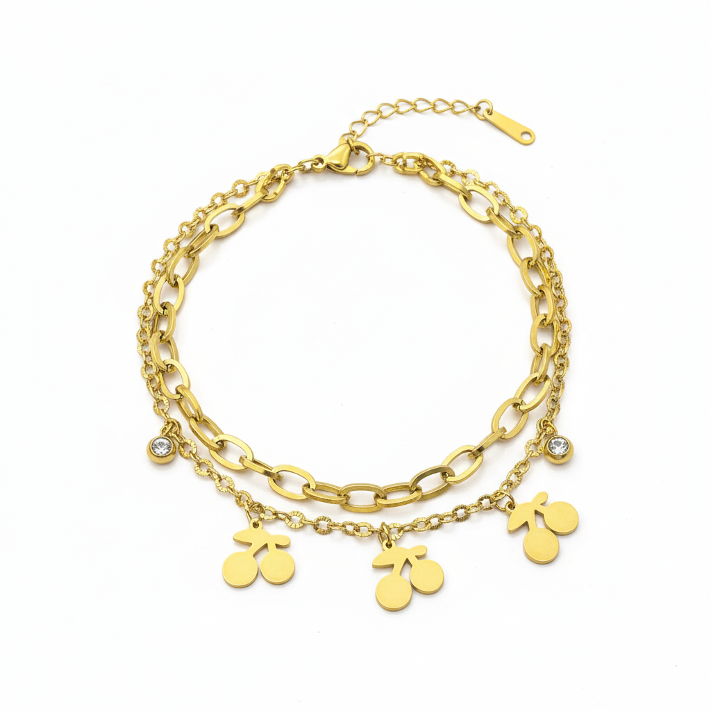 Gold Cherry Charm Bracelet - White Background Flat Lay