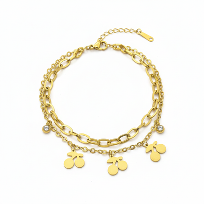 Gold Cherry Charm Bracelet - White Background Flat Lay