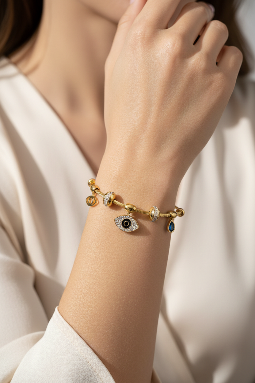 Gold Evil Eye Charm Bangle - Model Shot