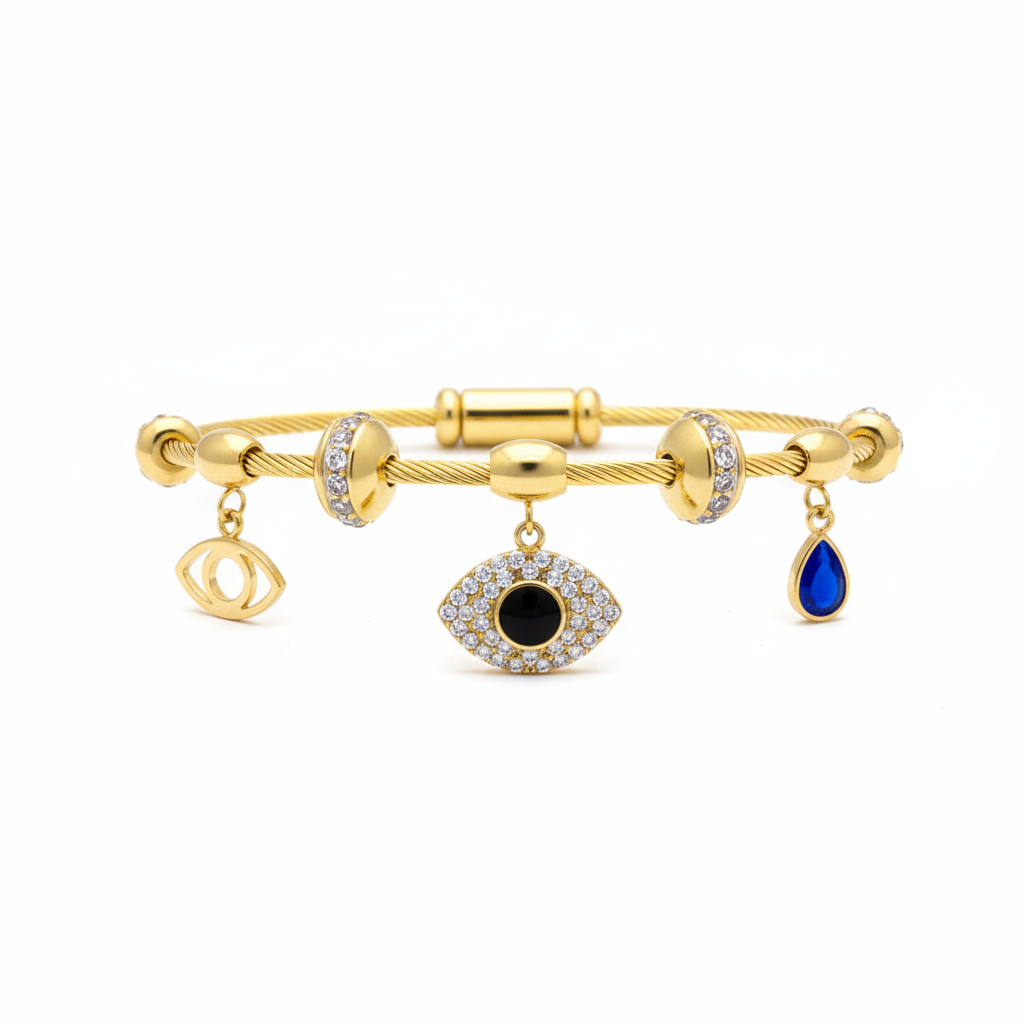 Gold Evil Eye Charm Bangle - White Background Front View