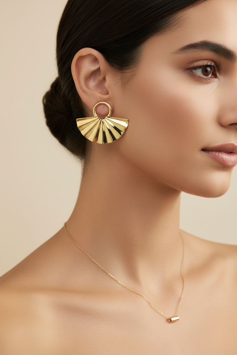 Gold Fan Earrings - Model Shot