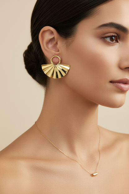 Gold Fan Earrings - Model Shot