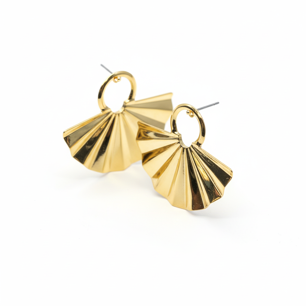 Gold Fan Earrings - White Background Angled