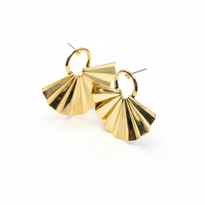 Gold Fan Earrings - White Background Angled
