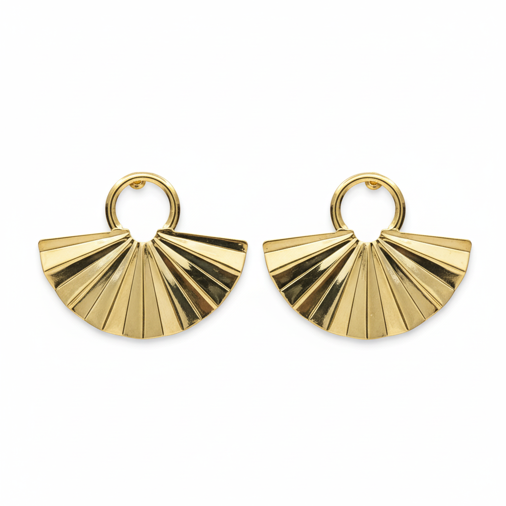 Gold Fan Earrings - White Background Flat Lay