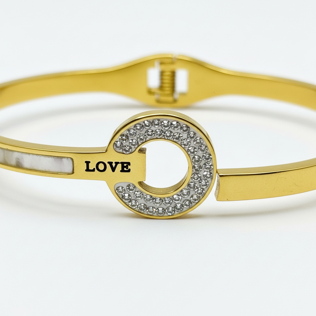 Gold LOVE Bangle - White Background Detail