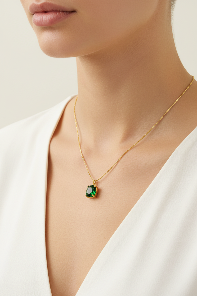 Green Emerald Cushion Pendant Model Shot - Small