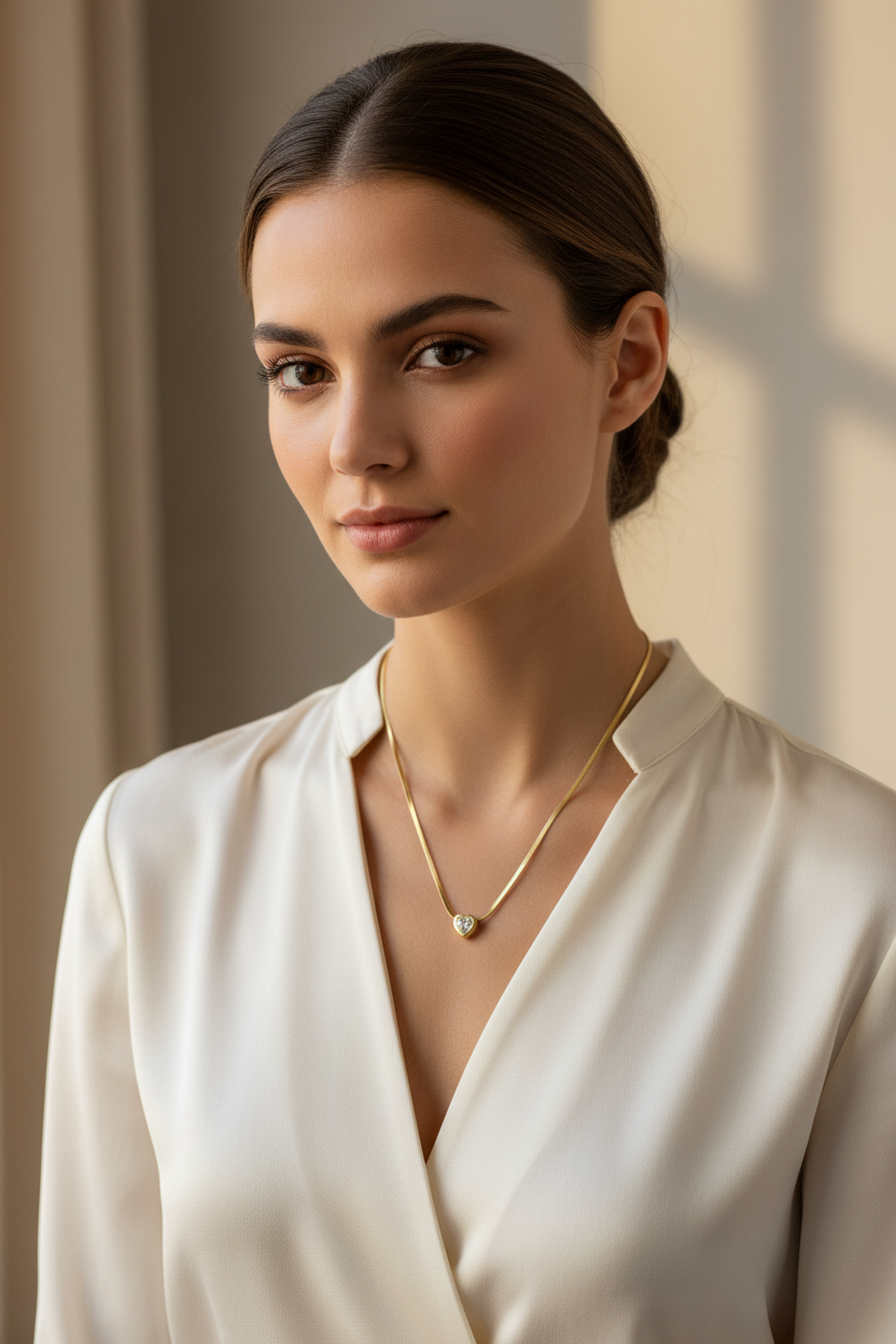 Heart CZ Pendant Necklace - lifestyle model shot natural light