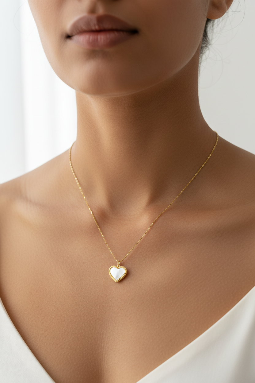 Pearl Heart Locket Necklace – model wearing gold heart-link chain with pearl heart pendant, close-up