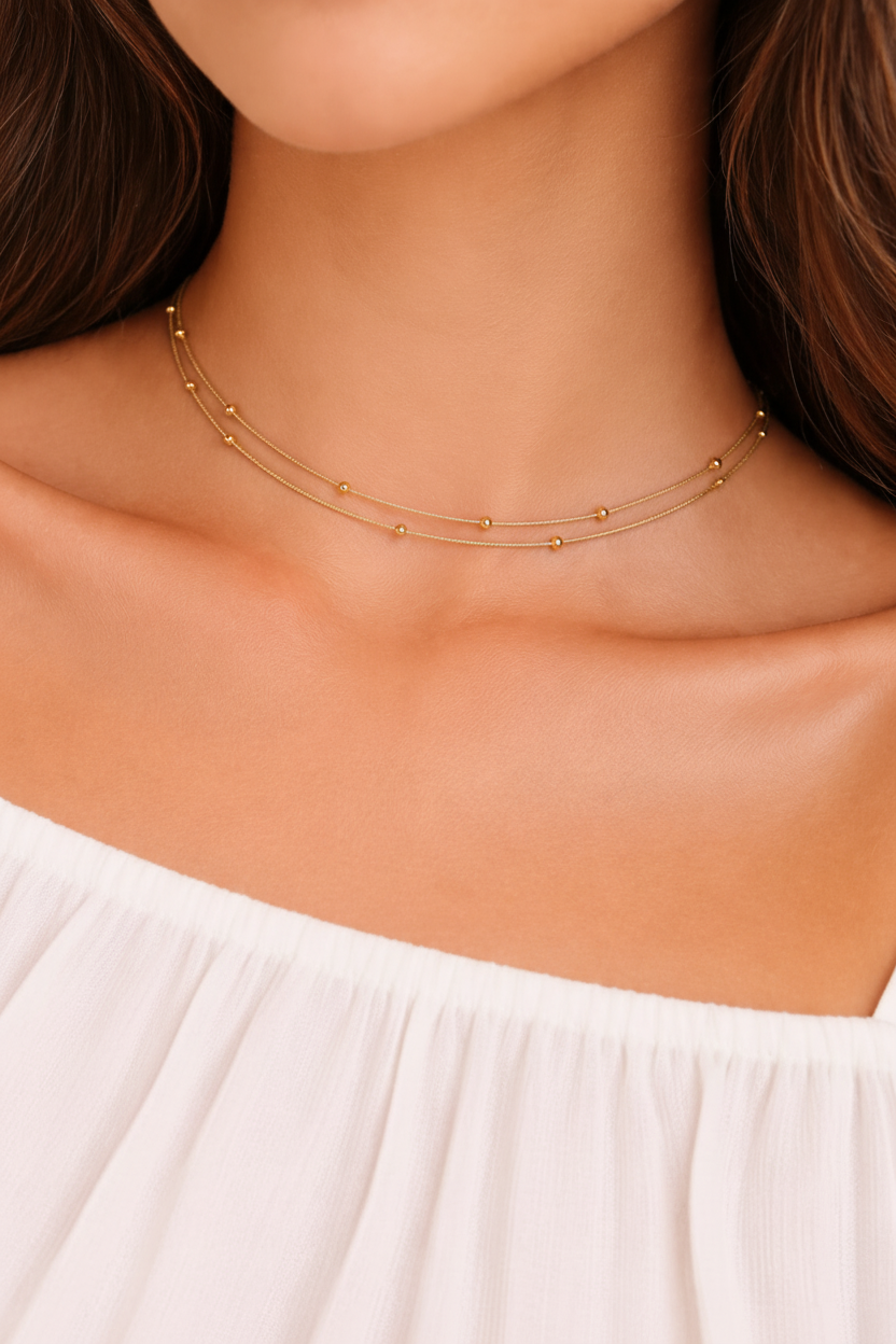 Model wearing Gold Double Layer Satellite Necklace on neck and collarbone in white off-shoulder top