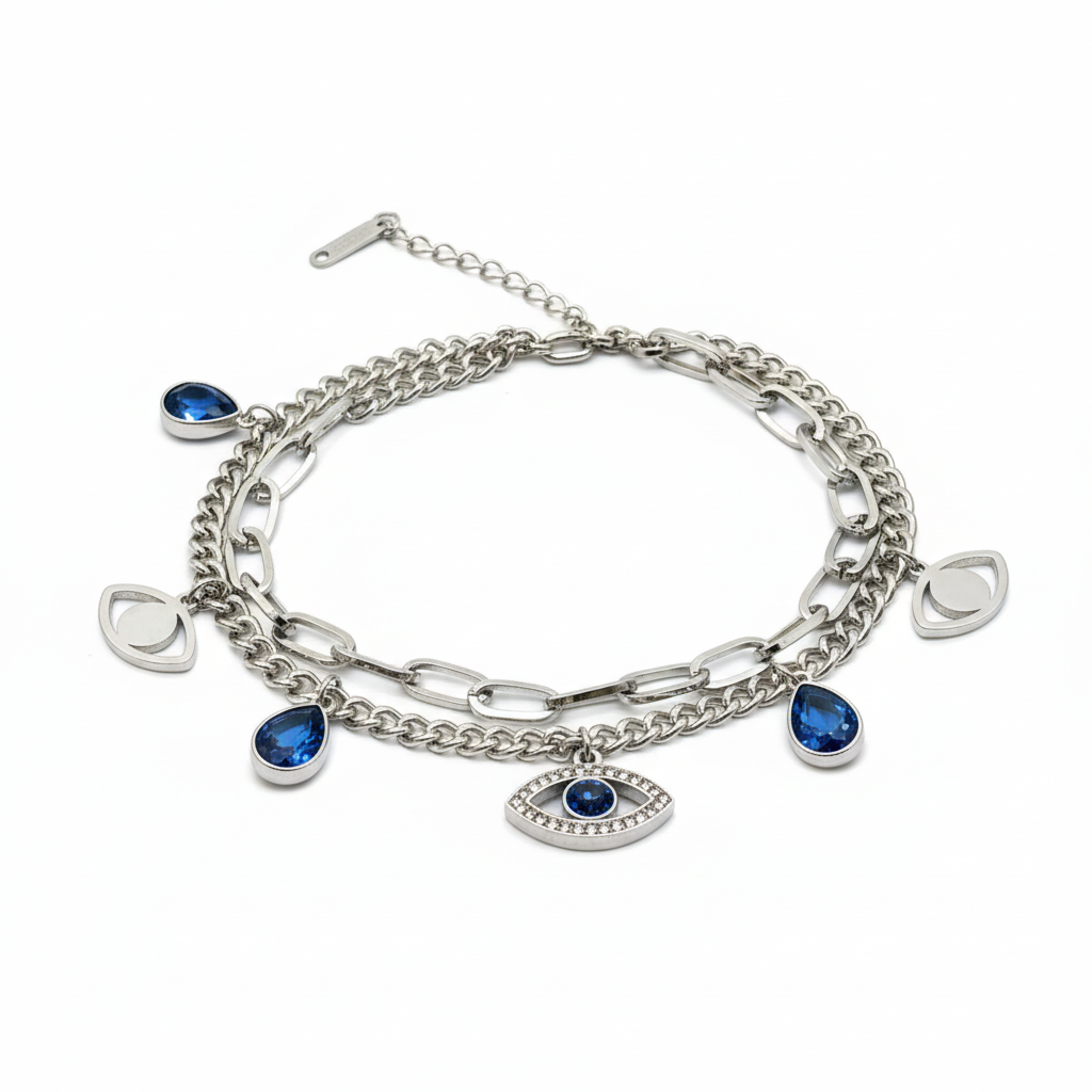 Evil Eye Charm Bracelet Stack — white background product shot showing double layer silver charm bracelet