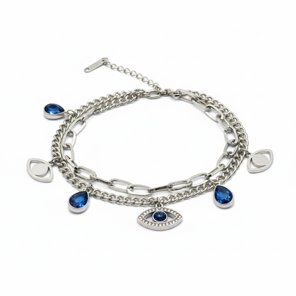 Evil Eye Charm Bracelet Stack — white background product shot showing double layer silver charm bracelet