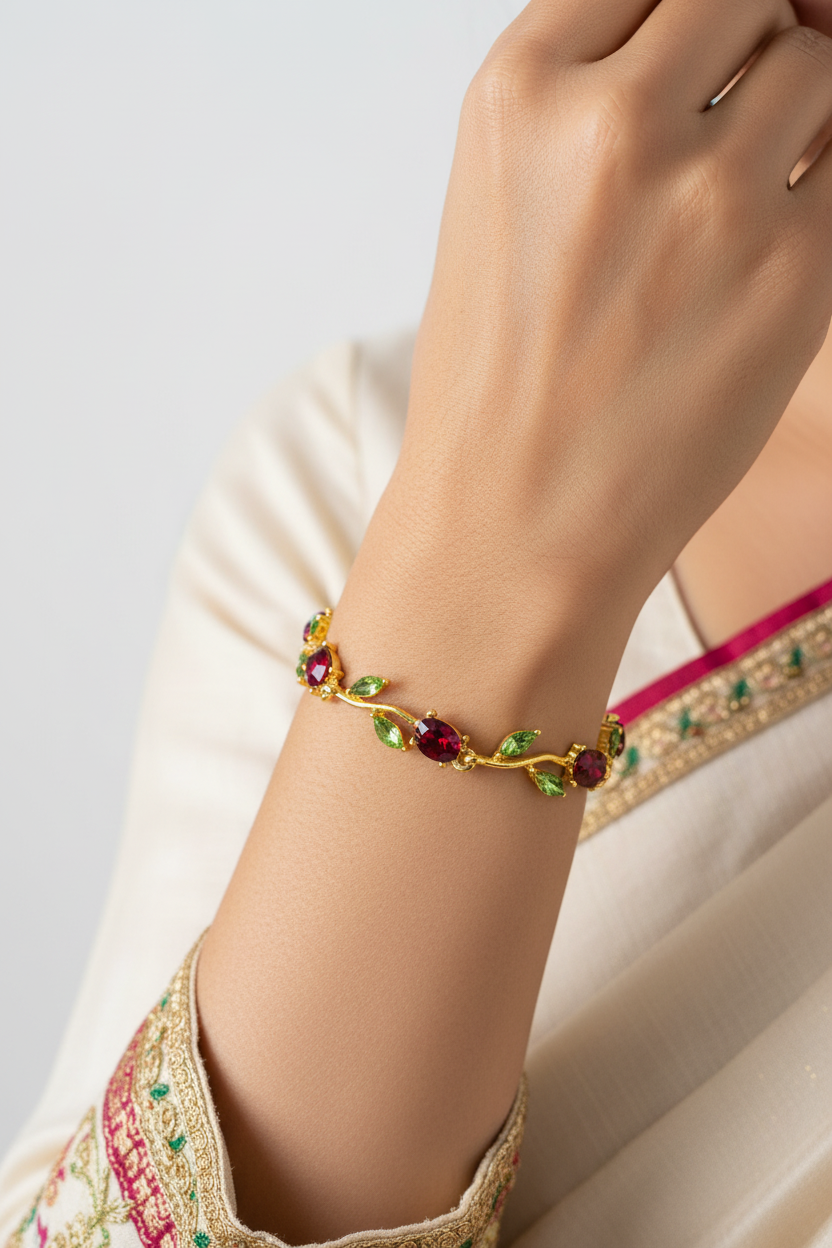 Tulip Garden Bracelet – model wearing red and green crystal gold bracelet