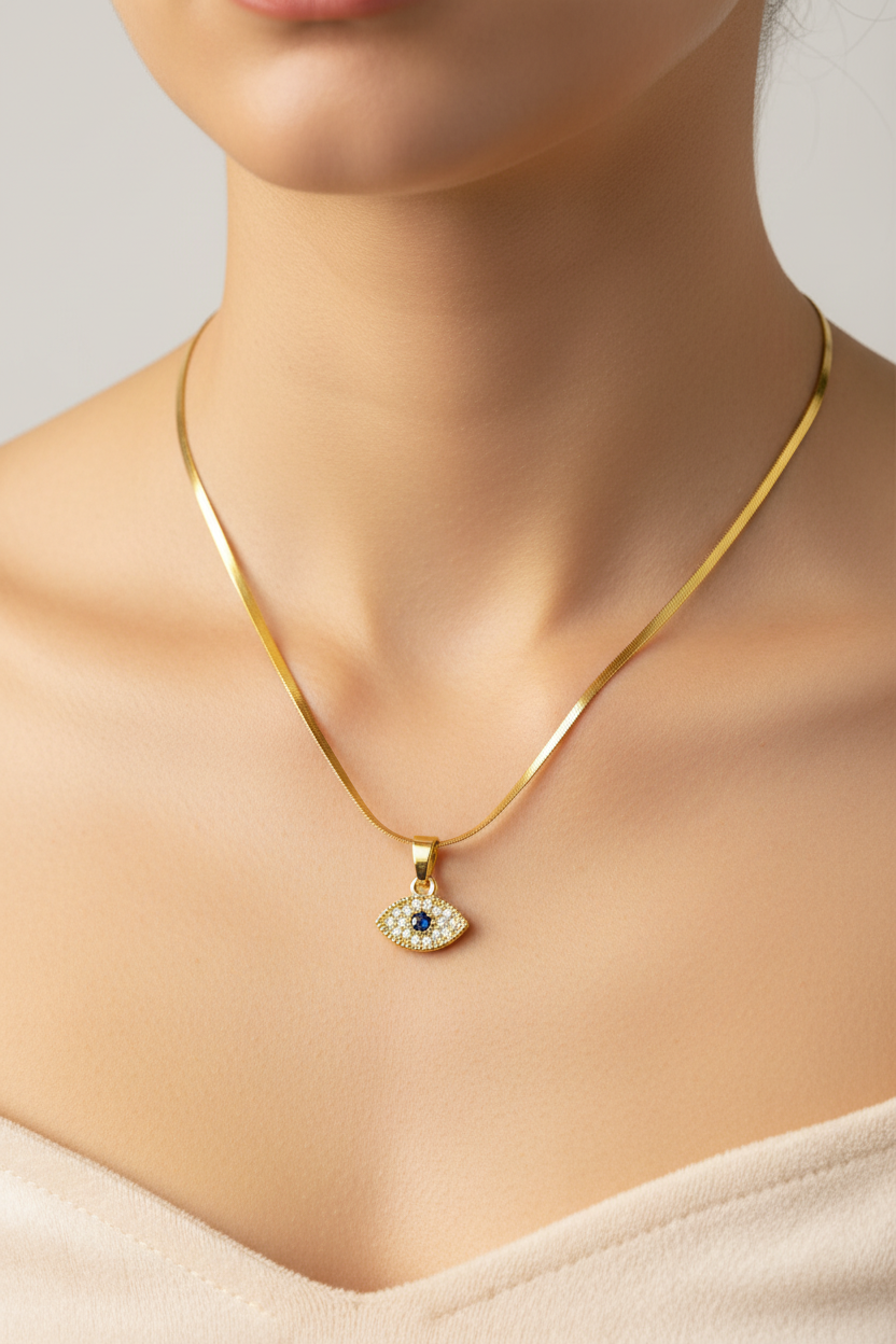 Evil Eye Pendant Necklace - model studio editorial close-up