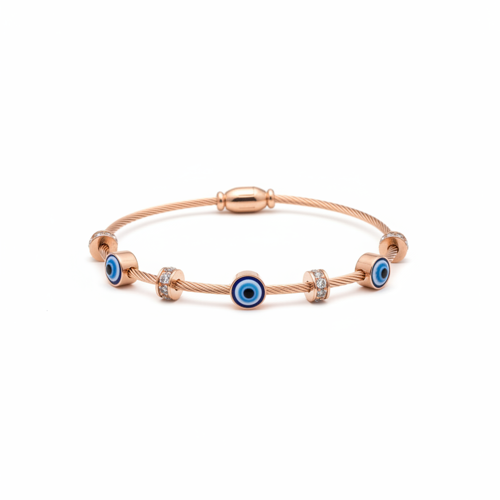 Blue Evil Eye Cable Bangle in Rose Gold - white background listing image