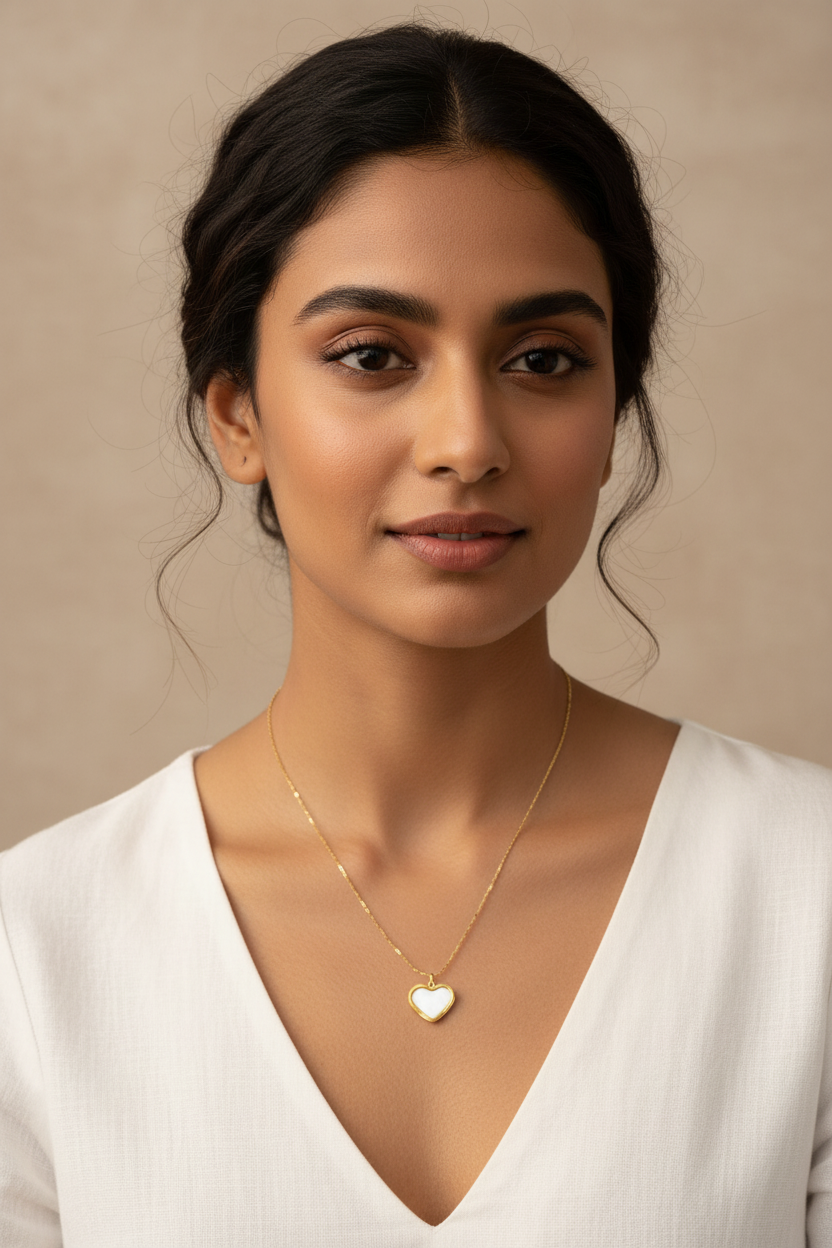 Pearl Heart Locket Necklace – model wearing pearl heart necklace, lifestyle shot