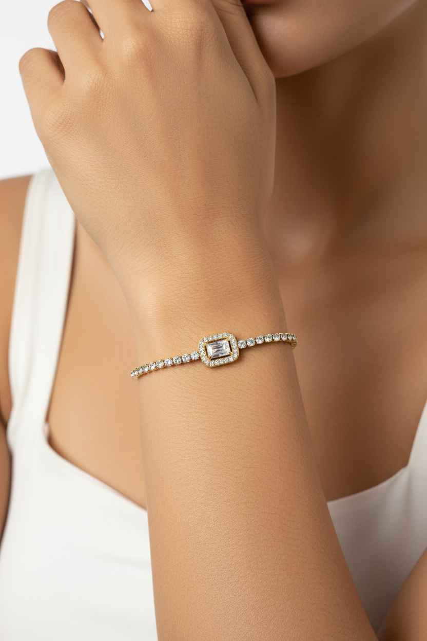 Diamond Halo Tennis Bracelet – model wearing crystal solitaire gold tennis bracelet