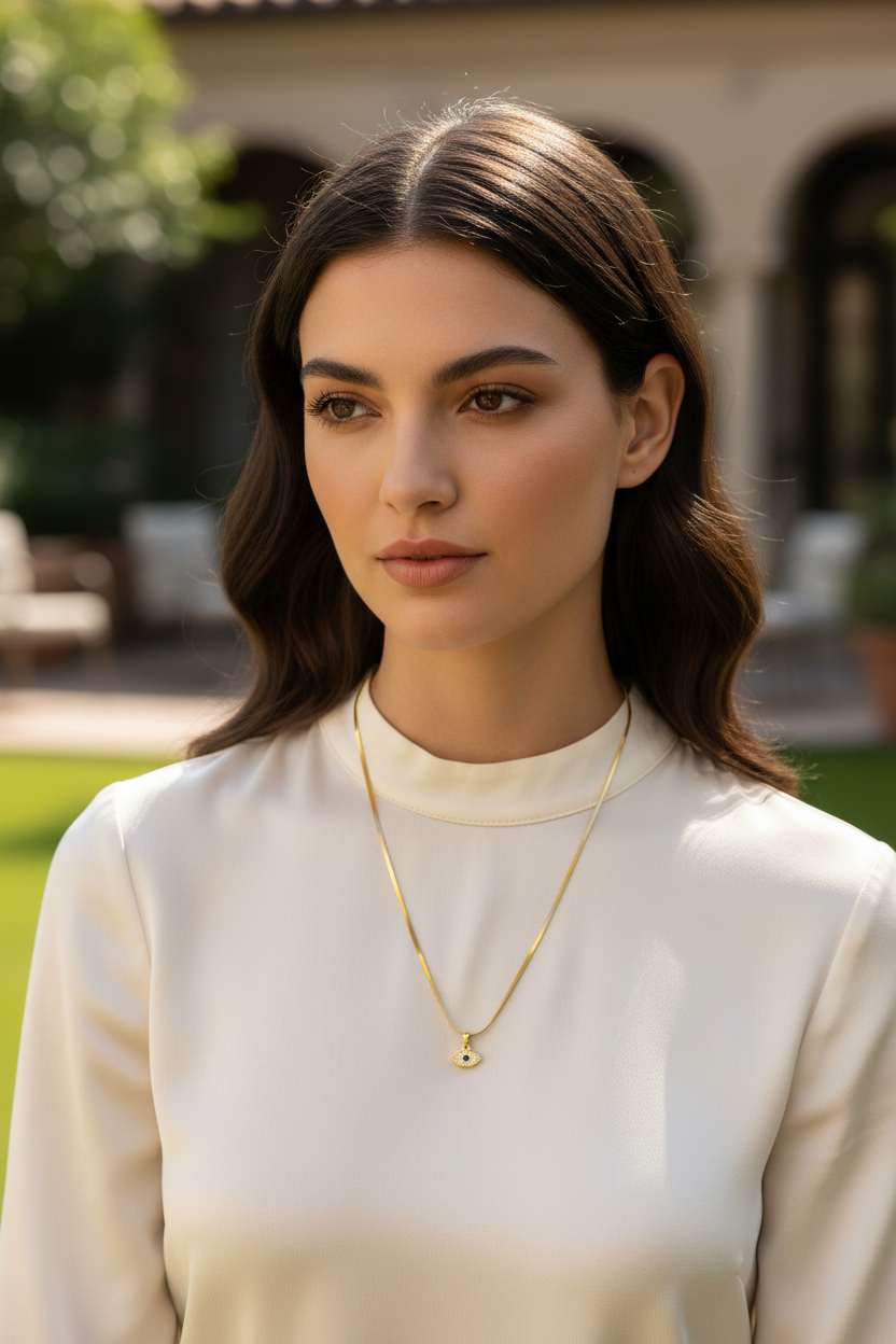 Evil Eye Pendant Necklace - lifestyle model shot natural light