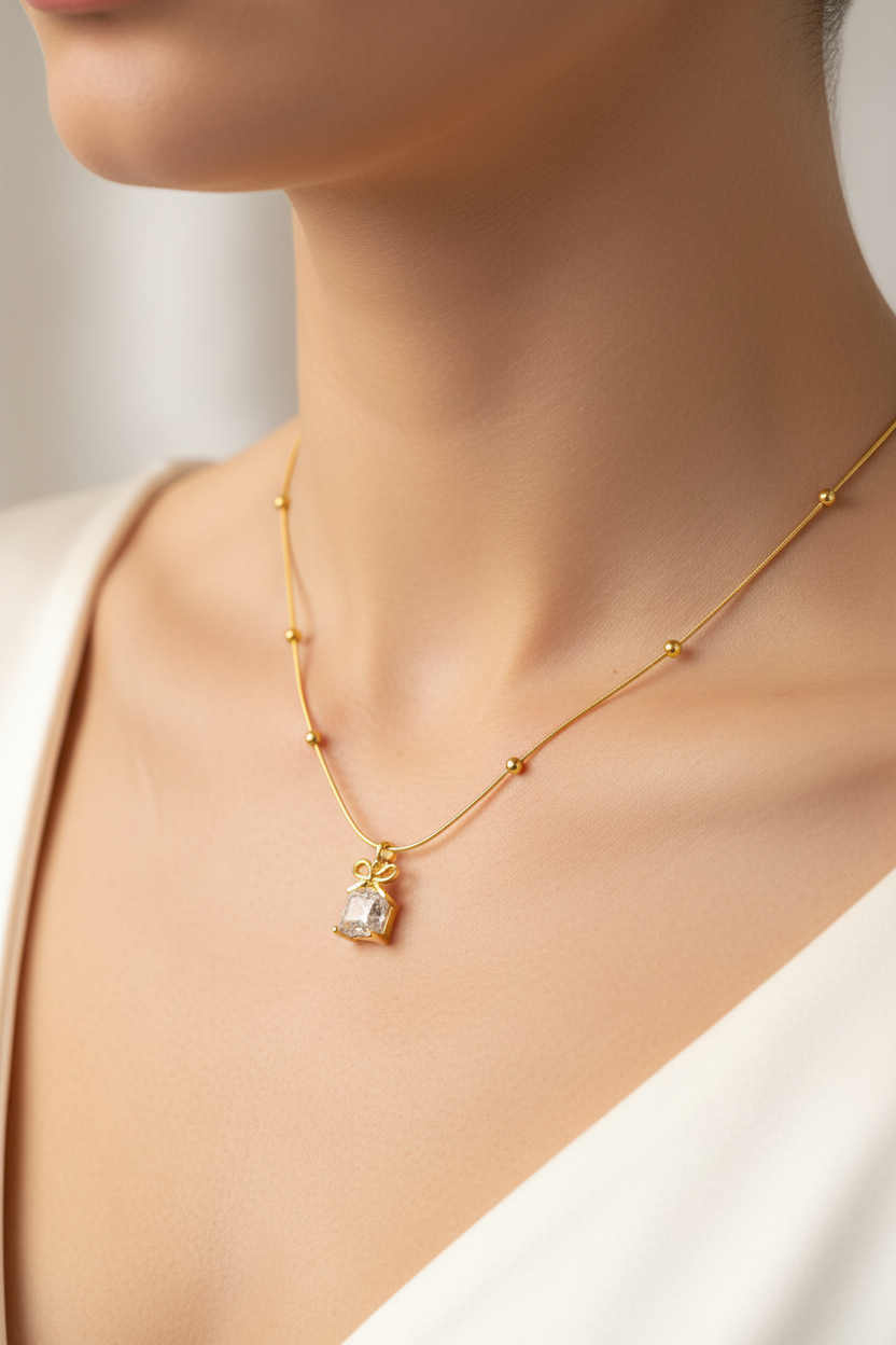 Model wearing Crystal Belle Pendant on neck and collarbone