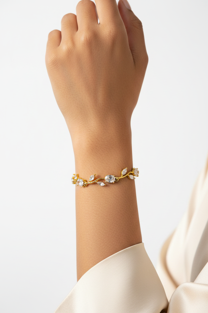 Crystal Tulip Bracelet – model wearing clear crystal gold vine bracelet