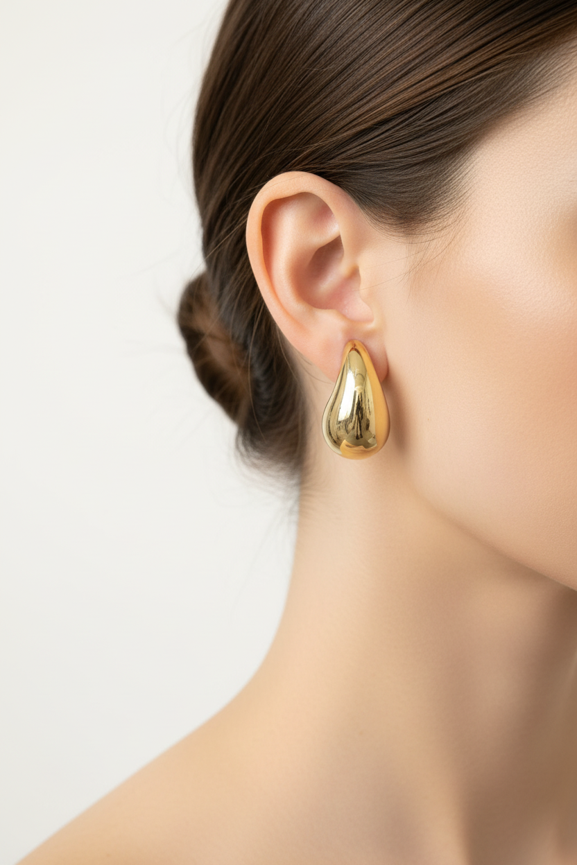 Model wearing chunky gold teardrop stud earrings — ear and neck close-up