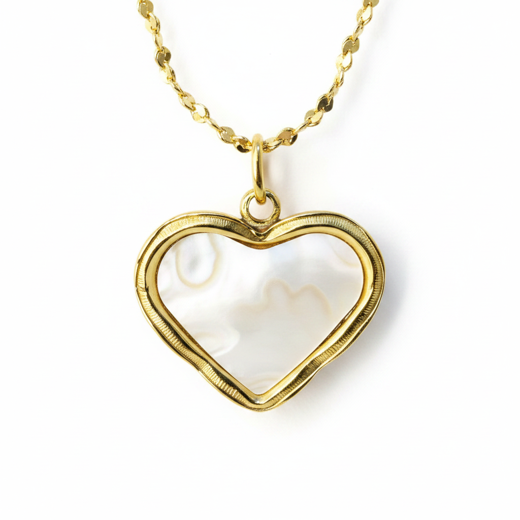 Pearl Heart Locket Necklace – macro close-up of mother-of-pearl heart and gold frame