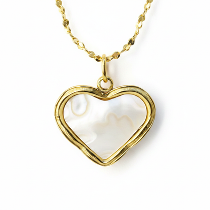 Pearl Heart Locket Necklace – macro close-up of mother-of-pearl heart and gold frame