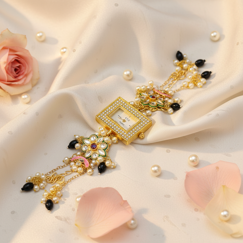 Kundan Pearl Traditional Watch - Styled Editorial Shot