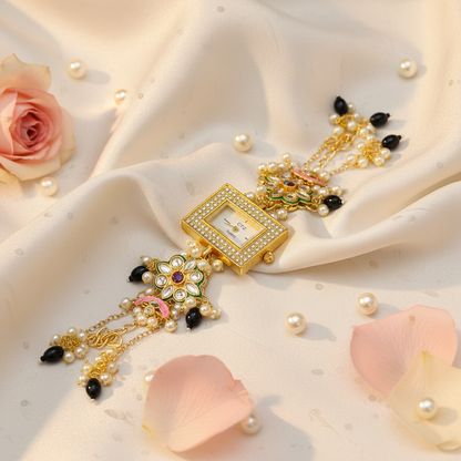 Kundan Pearl Traditional Watch - Styled Editorial Shot