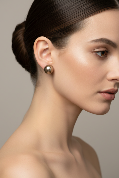 Model Wearing Bronze Pearl Stud Earrings