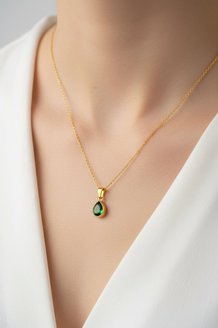 Model wearing emerald green teardrop pendant necklace, no face