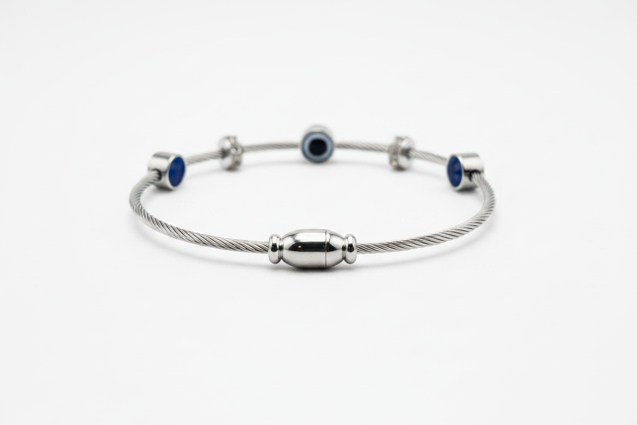 Silver Evil Eye Bangle - Side Profile with Clasp