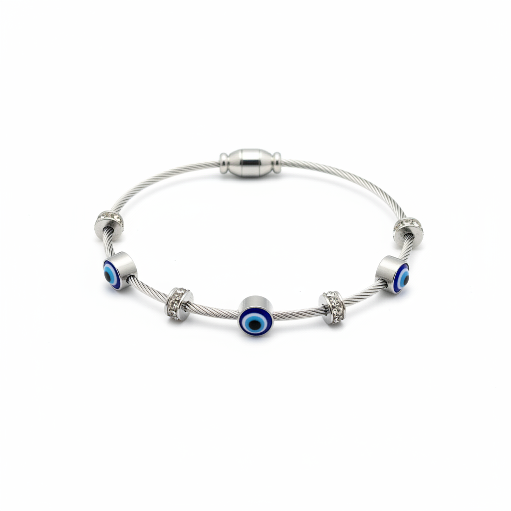 Silver Evil Eye Cable Bangle - Clean White Background