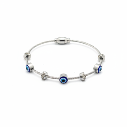 Silver Evil Eye Cable Bangle - Clean White Background