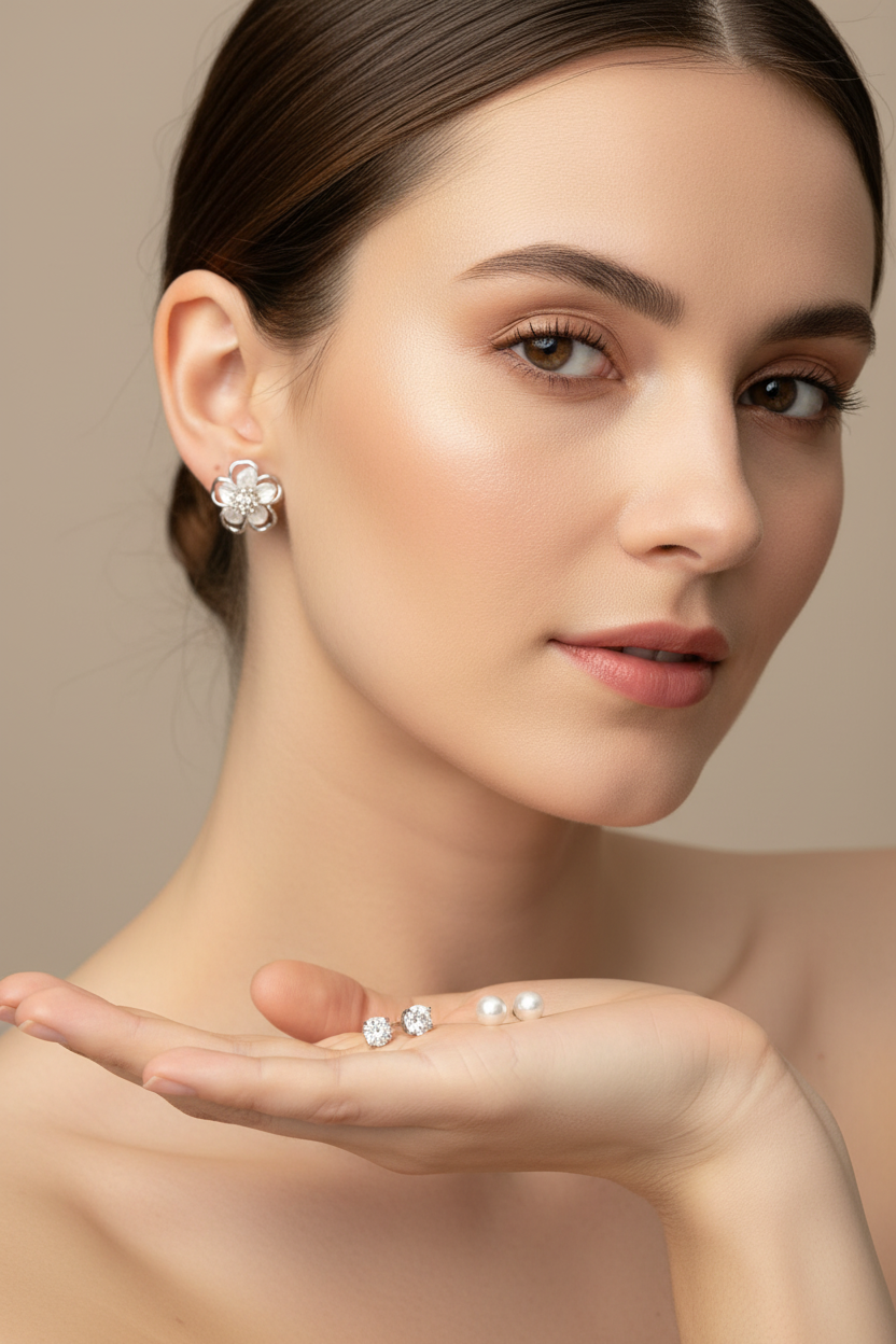 Silver Mother of Pearl Flower Earring Set - Model Shot